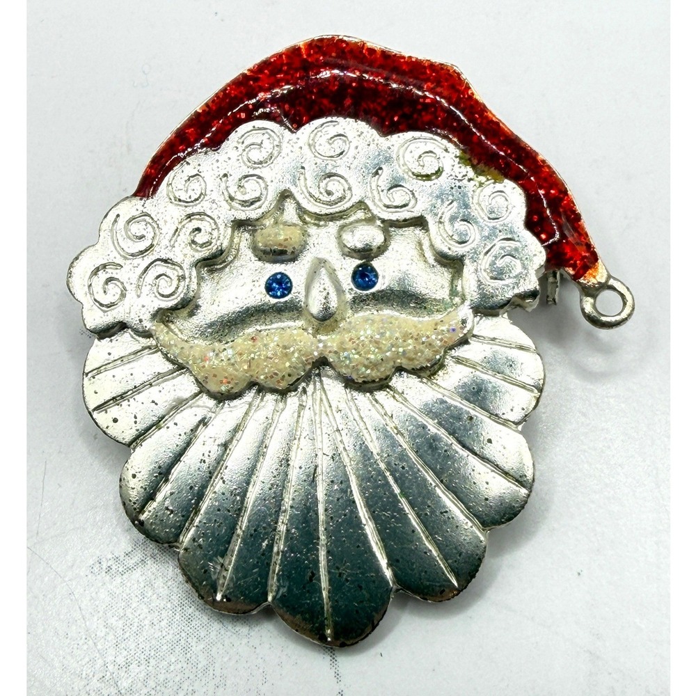 Vintage Santa Claus Brooch Tanya Creations TC Christmas Pin Red Glitter Hat
